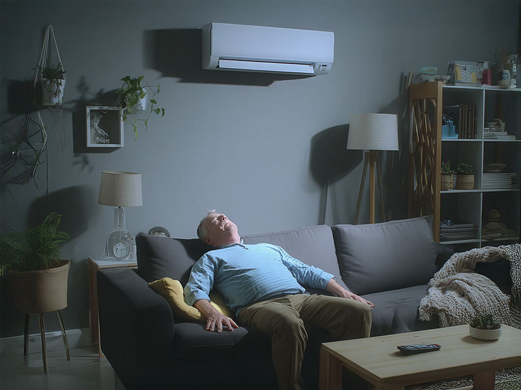 Hombre relajado disfrutando del aire acondicionado